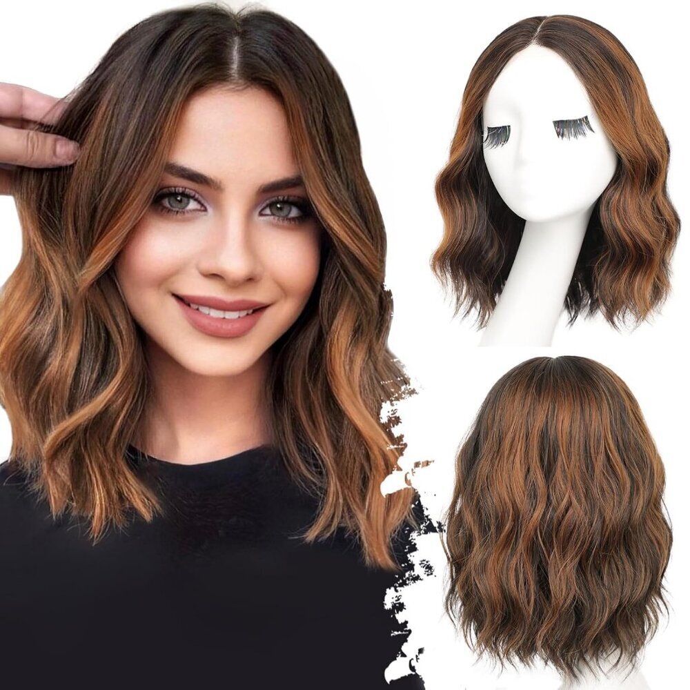 Dark Brown Mixed Chestnut Short Wavy Wig for Women Lace Hairline